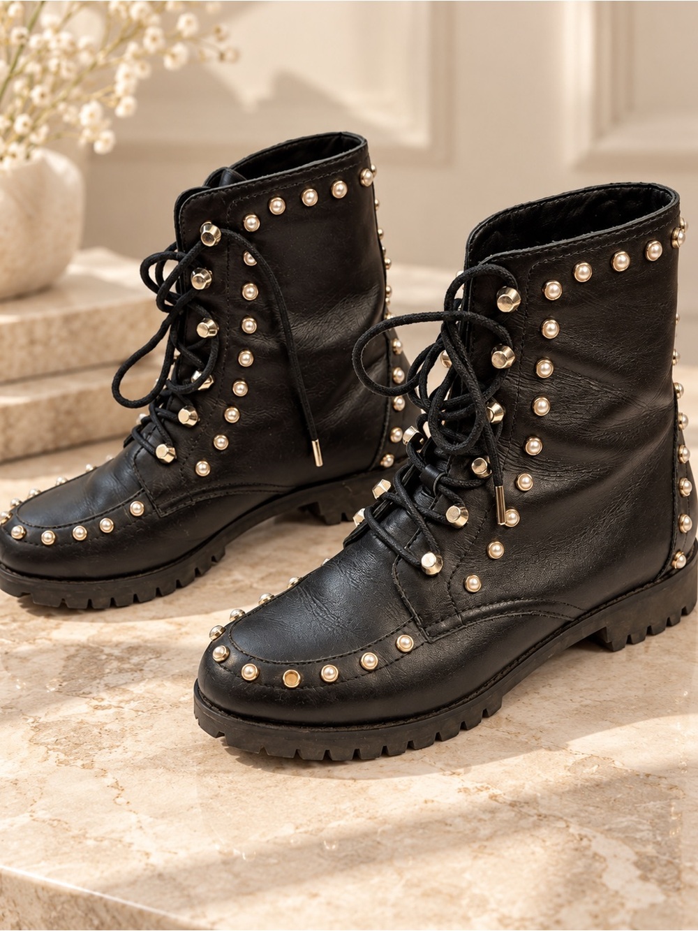 Joie Halyn Black Leather Pearl Studded Combat Boots EU 40